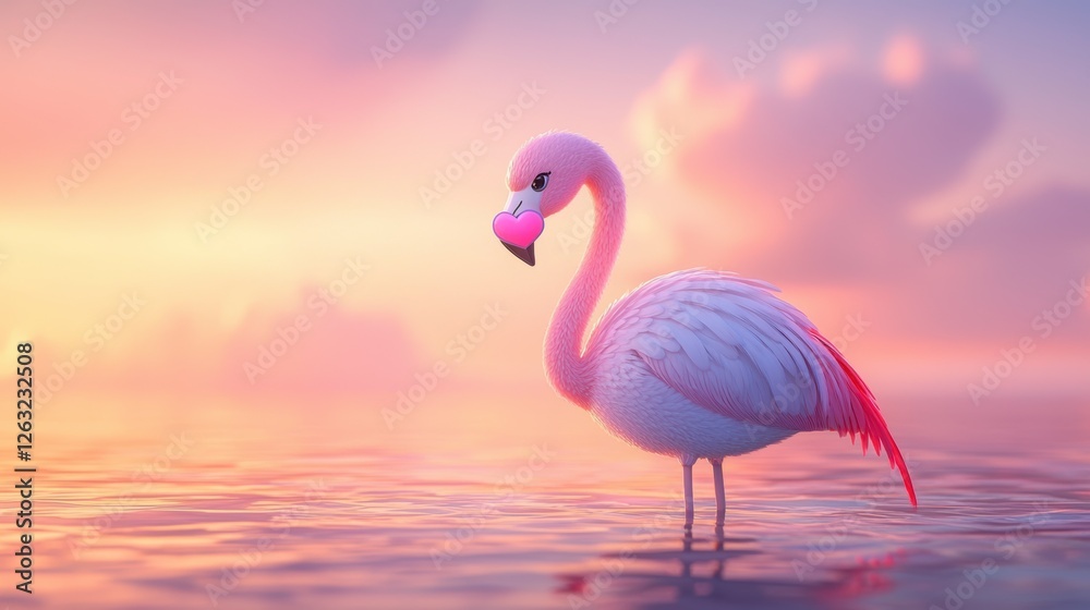 Fototapeta premium Dainty Chibi Flamingo with Heart Beak