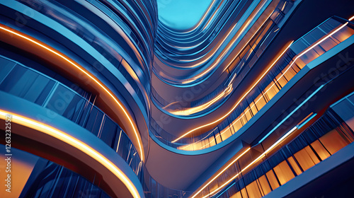 Abstract View of Modern Architectural Lines and Curves in Blue Light