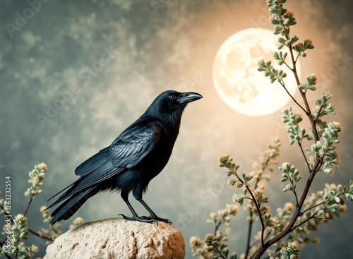black crow perched on a rock under a full moon