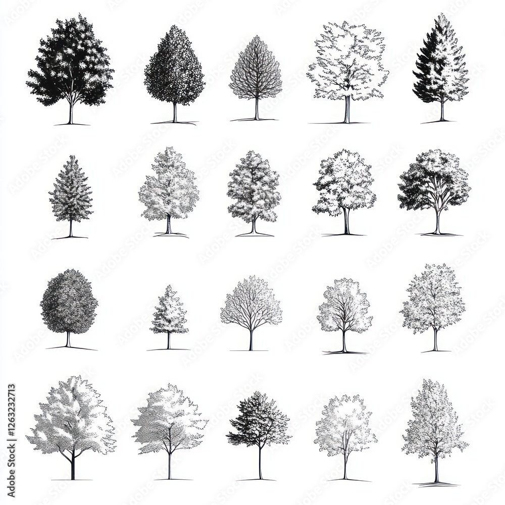 Fototapeta premium Black and White Drawings Of Various Tree Types