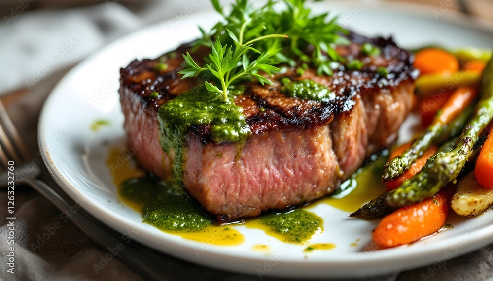 Grilled Beef Steak with Green Sauce and Vegetables on Plate Grilled Beef Steak with Green Sauce and Vegetables on Plate