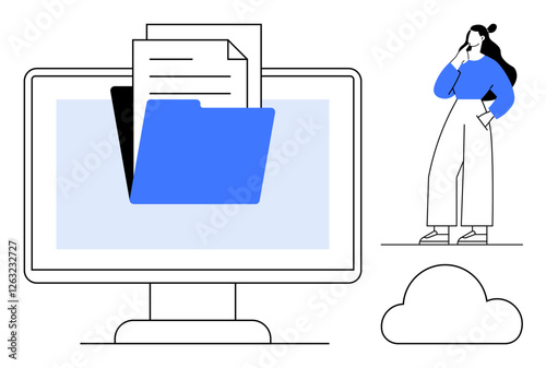 Computer monitor with a blue folder and documents, thoughtful individual, cloud icon. Ideal for organization, digital storage, file sharing, data management, planning, decision making digital