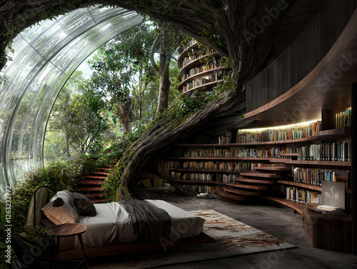 Forest Library Room;  Bed inside a treehouse, with bookshelves photo