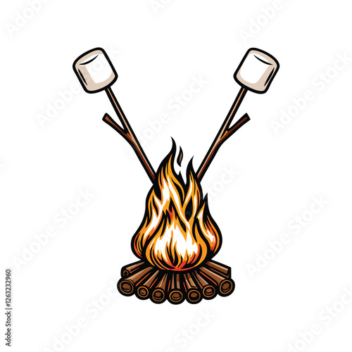 Create an editable stroke vector illustration of a crackling campfire encircled by logs, emitting warm light and sparks.  Include realistic flames.