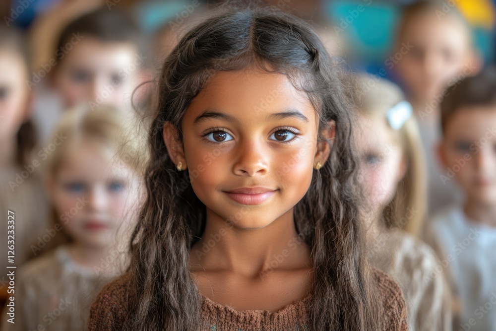 Dark-skinned girl smiles in diverse classroom setting with peers during lesson Dark-skinned girl smiles in diverse classroom setting with peers during lesson