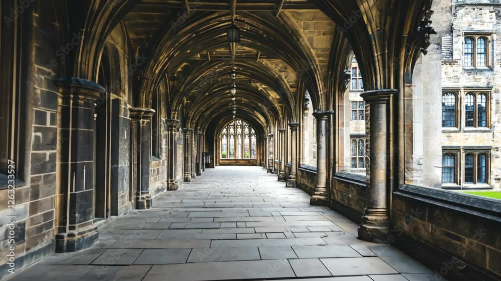 Walkway lined with arches in historic building during daylight reveals intricate architectural details Walkway lined with arches in historic building during daylight reveals intricate architectural details