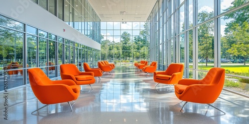 Modern lounge area featuring bright orange chairs in a spacious, well-lit atrium on a sunny day