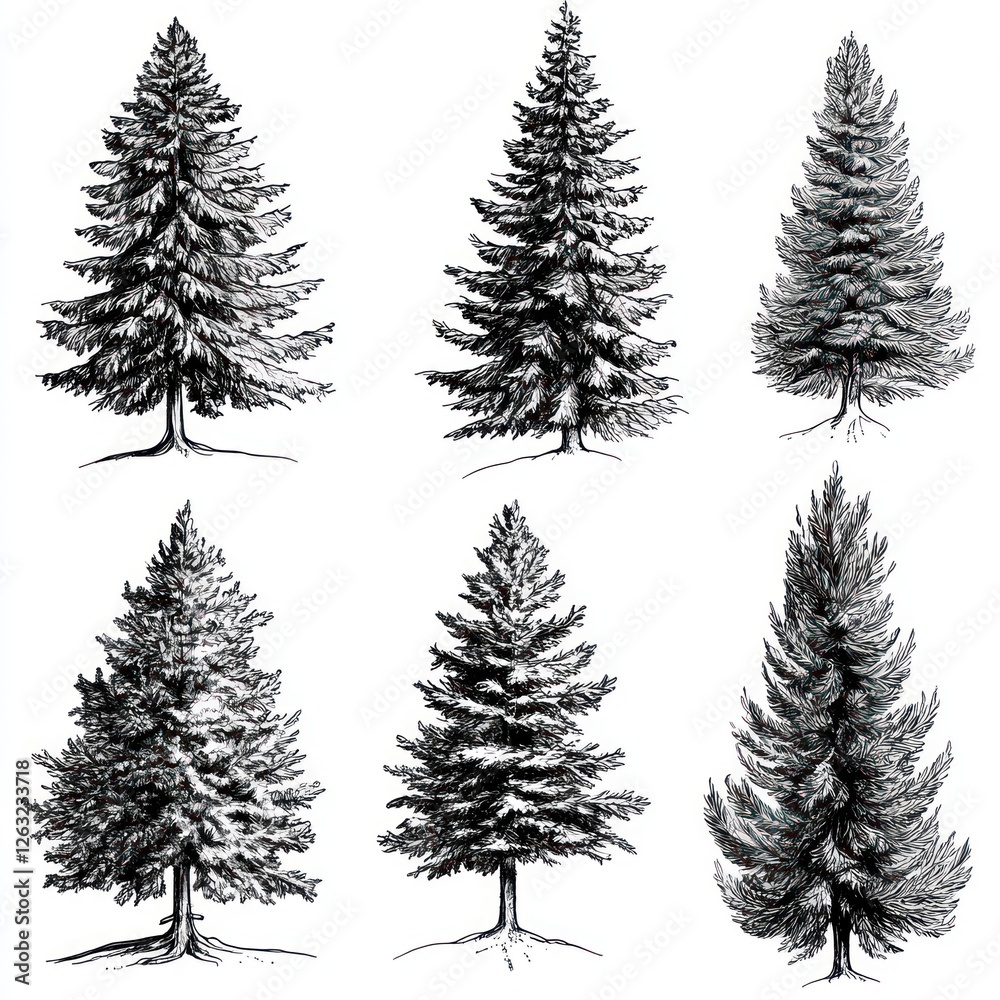 Fototapeta premium Six Detailed Ink Drawings Of Evergreen Trees