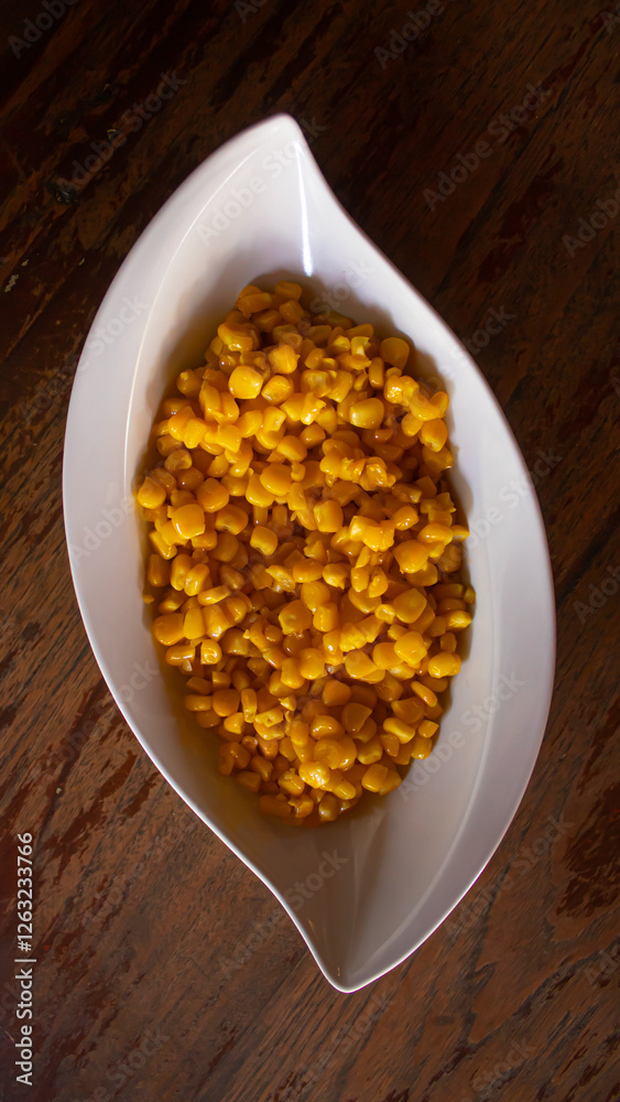 Creamy Corn Kernels in Elegant White Bowl, Restaurant Snack Menu