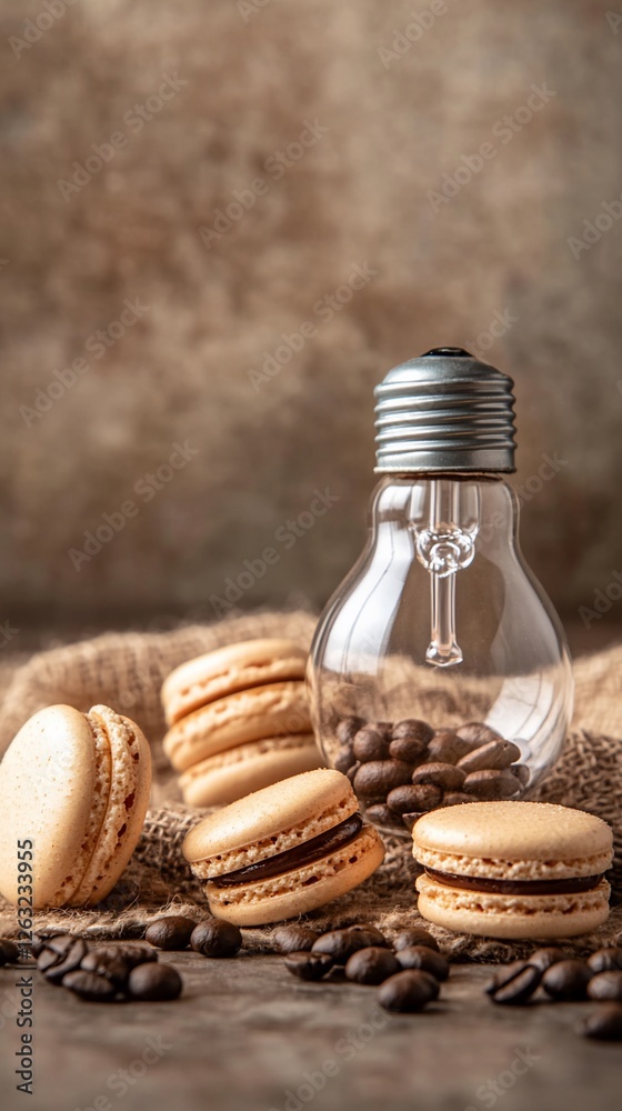 Obraz premium Coffee macarons, burlap, lightbulb, beans. Food photography