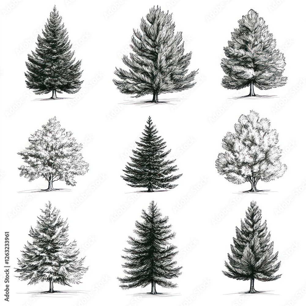 Obraz premium Nine Detailed Ink Drawings Of Various Tree Types
