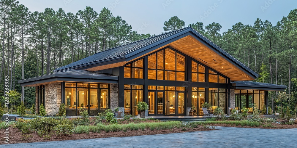 Modern architecture showcases large glass windows and a wooden roof in a serene forest setting during twilight Modern architecture showcases large glass windows and a wooden roof in a serene forest setting during twilight