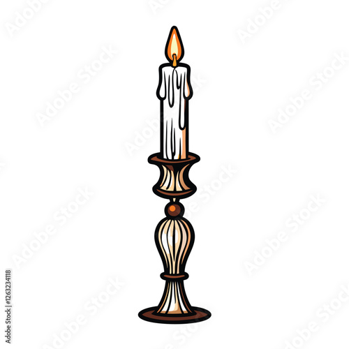 Create a clean, editable vector illustration of a candle holder with dripping wax, suitable for design projects.  Include detailed, realistic wax drips.