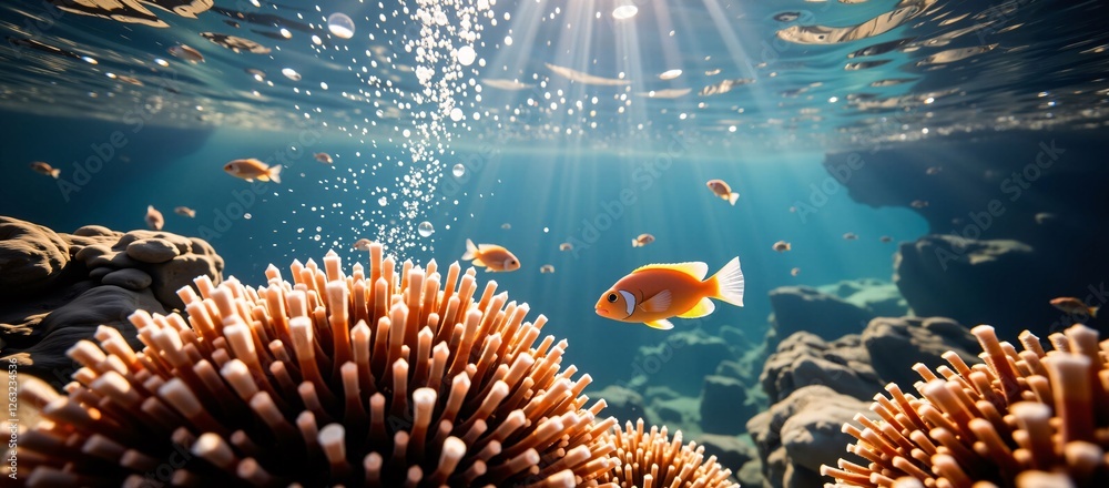 Underwater coral reef with fish, bubbles, and sunbeams shining through the water