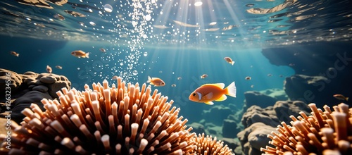 Obraz na płótnie Underwater coral reef with fish, bubbles, and sunbeams shining through the water w salonie