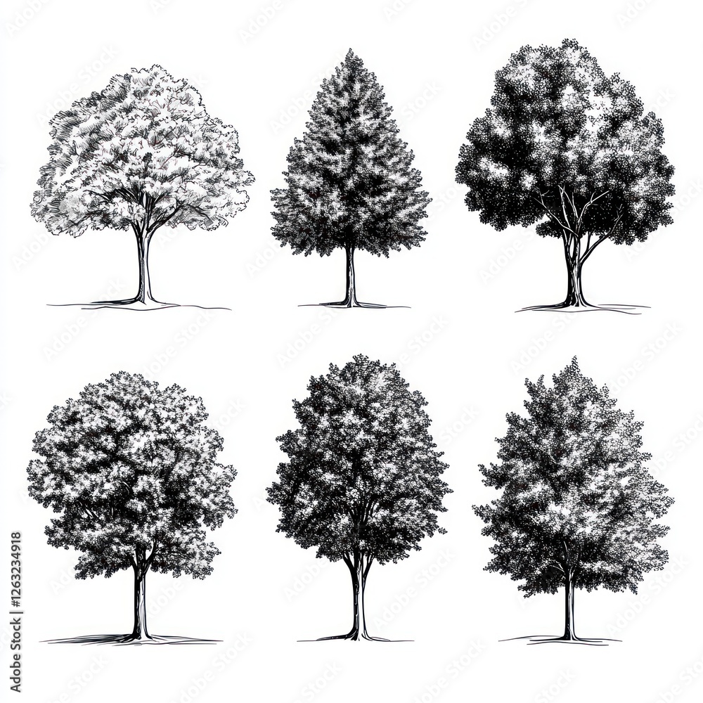 Fototapeta premium Six Detailed Ink Drawings of Various Tree Types