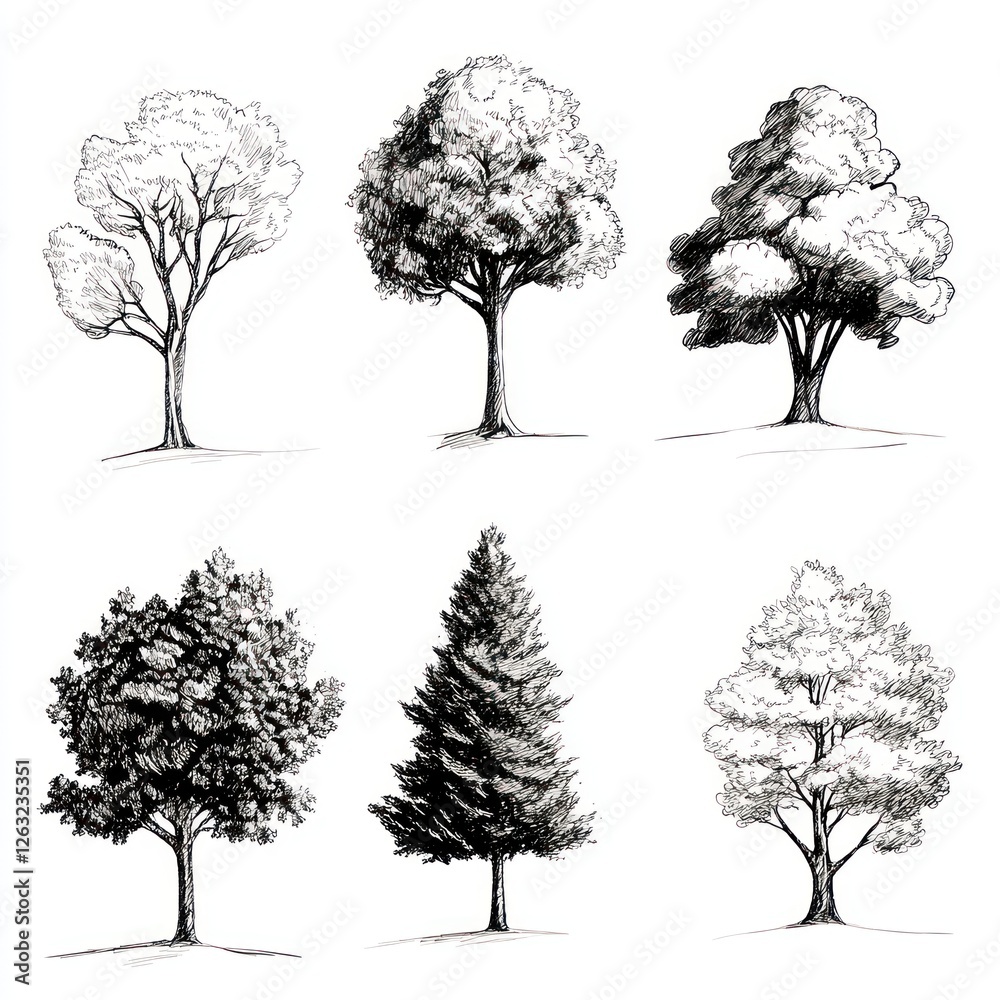 Fototapeta premium Six Ink Drawings of Various Tree Types