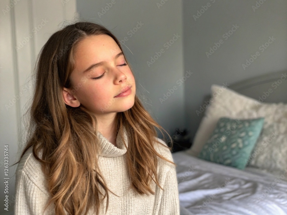 Young woman with long wavy hair, eyes closed, serene expression, natural lighting, bedroom setting, white t-shirt, soft focus, warm tones, minimalist aesthetic, side profile, tranquil atmosphere Young woman with long wavy hair, eyes closed, serene expression, natural lighting, bedroom setting, white t-shirt, soft focus, warm tones, minimalist aesthetic, side profile, tranquil atmosphere