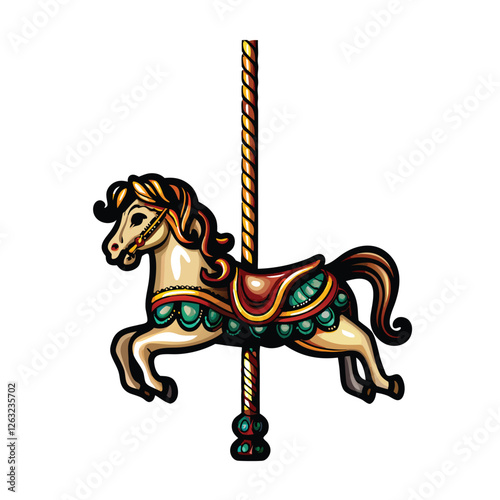 Create a vector illustration of a carousel horse, featuring editable strokes, allowing for easy color changes and customization.  Include ornate details.