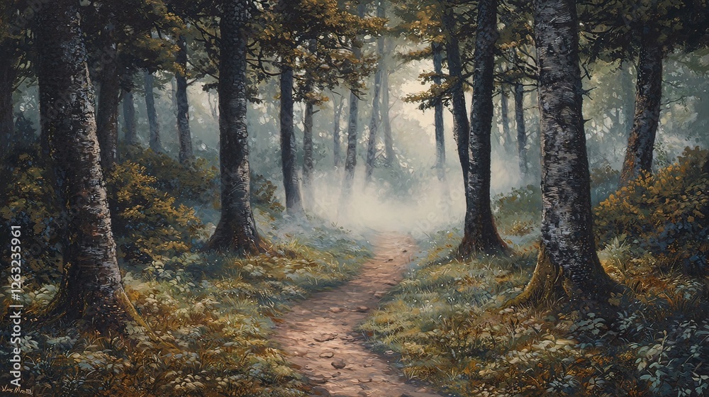 Misty forest path, tranquil woodland scene. Misty forest path, tranquil woodland scene.