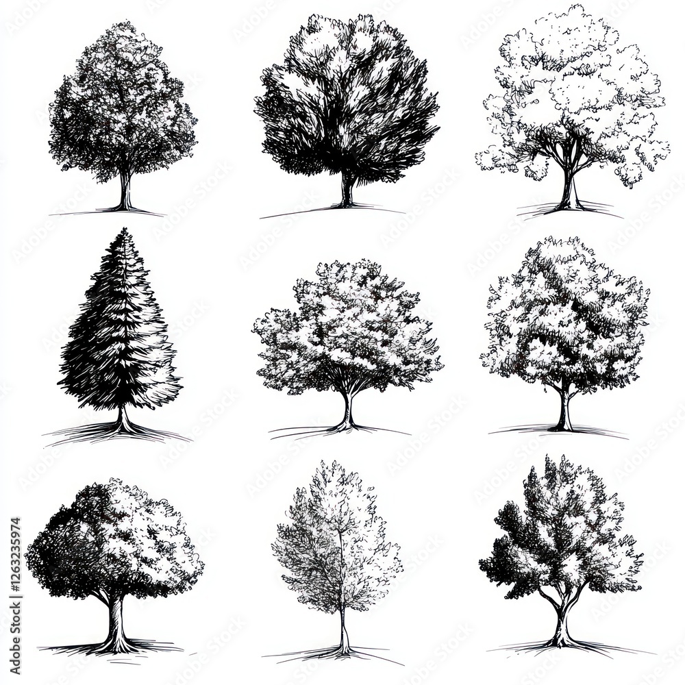 Fototapeta premium Nine Ink Drawings Of Various Tree Types