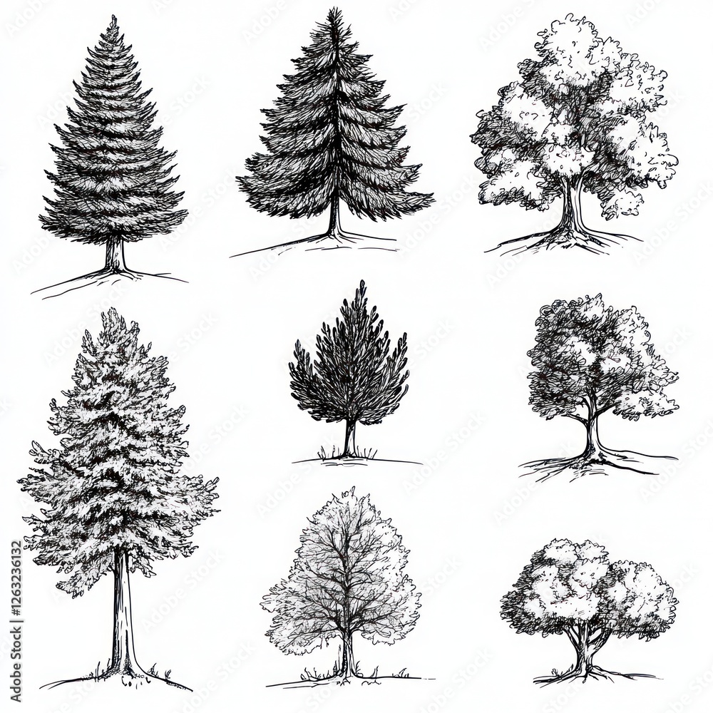 Fototapeta premium Collection Of Hand Drawn Black And White Trees
