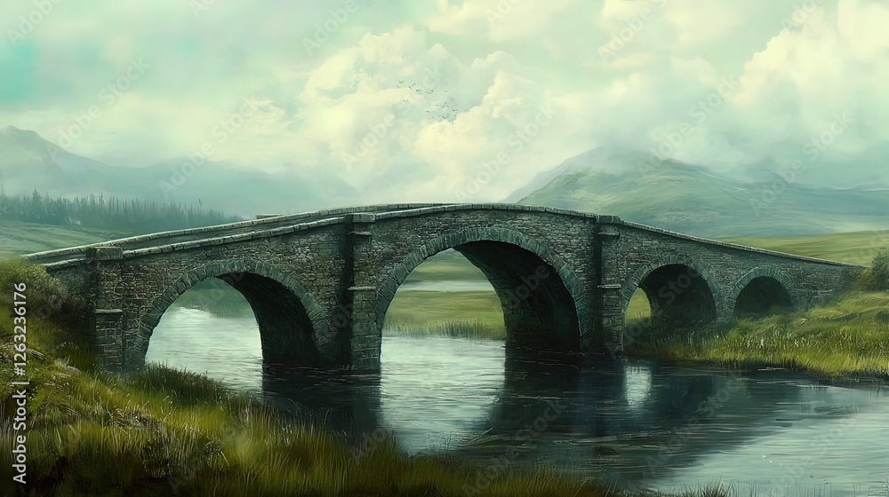Misty, green landscape with an old stone arch bridge over a calm river. Misty, green landscape with an old stone arch bridge over a calm river.
