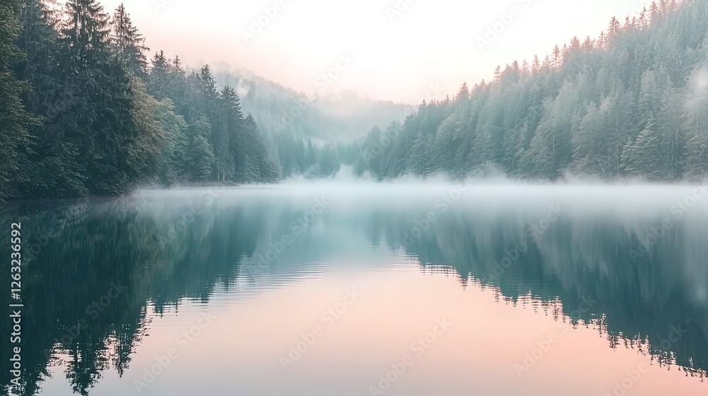 Misty morning over a serene lake surrounded by towering pine trees. Misty morning over a serene lake surrounded by towering pine trees.
