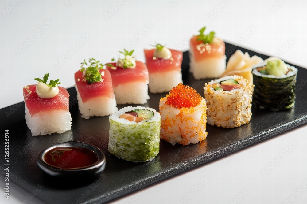 Sushi assortment served on a sleek black plate accompanied by soy sauce Sushi assortment served on a sleek black plate accompanied by soy sauce