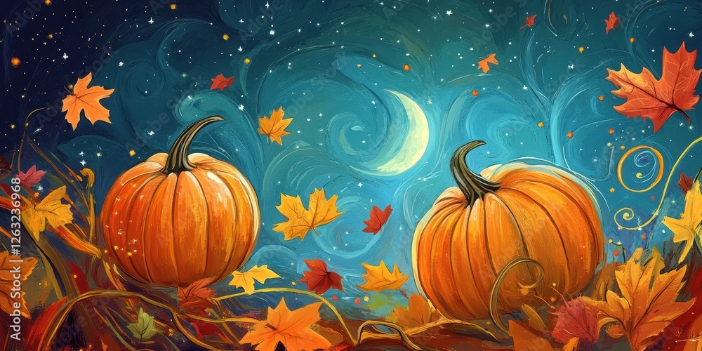 Naklejka premium Two pumpkins surrounded by autumnal leaves under a starry night