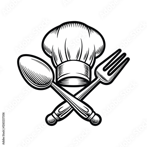 Editable vector graphic of a chef's toque and cooking utensil, ideal for culinary branding, menus, or website design.  Clean lines, easily customizable stroke weight.