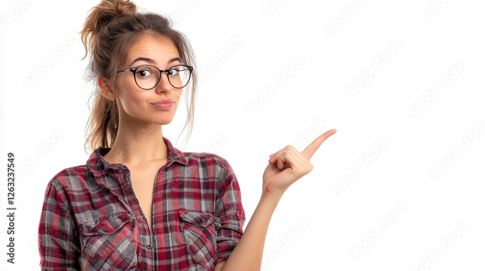 Young Woman in Glasses Pointing Sideways Red Plaid Shirt Girl White Style Happy Model Photo Image Young Woman in Glasses Pointing Sideways Red Plaid Shirt Girl White Style Happy Model Photo Image