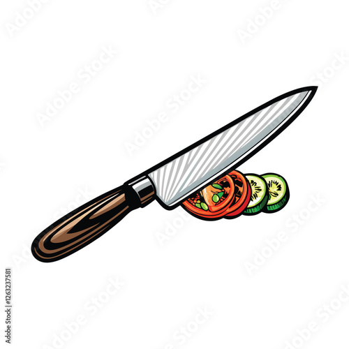 Create a clean, editable vector graphic of a chef's knife cleanly slicing a 'V' shape into a food item.  Focus on sharp lines and realistic blade detail.