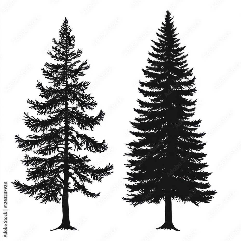 Obraz premium Two Silhouettes Of Evergreen Trees Against White Background