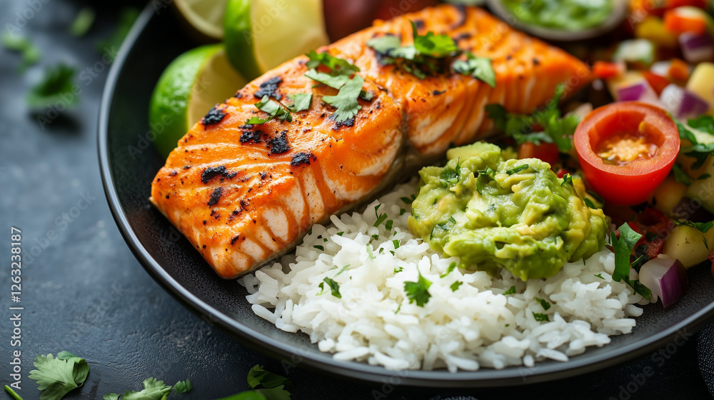 Healthy meal with grilled salmon, rice, and guacamole on a rich, dark background. Healthy meal with grilled salmon, rice, and guacamole on a rich, dark background.