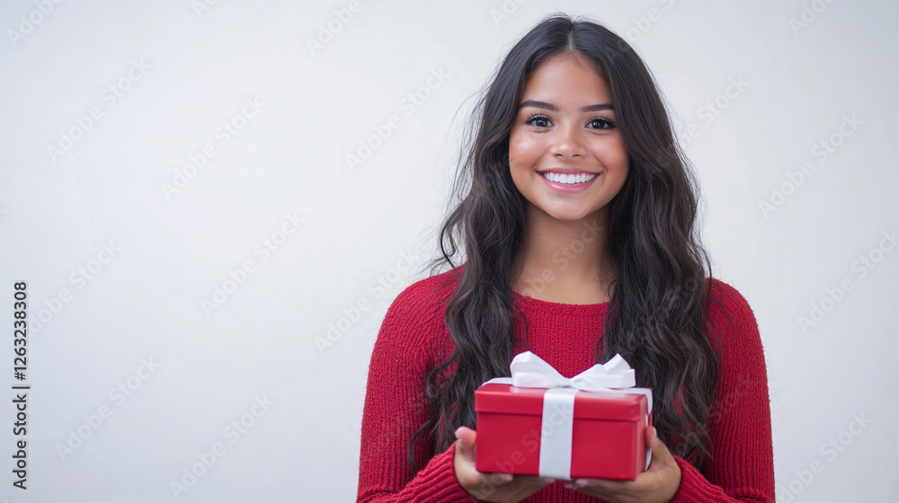 Happy Young Woman Holding Red Gift Box Present Smiling Girl White Model Ribbon Joyful Studio Female Happy Young Woman Holding Red Gift Box Present Smiling Girl White Model Ribbon Joyful Studio Female