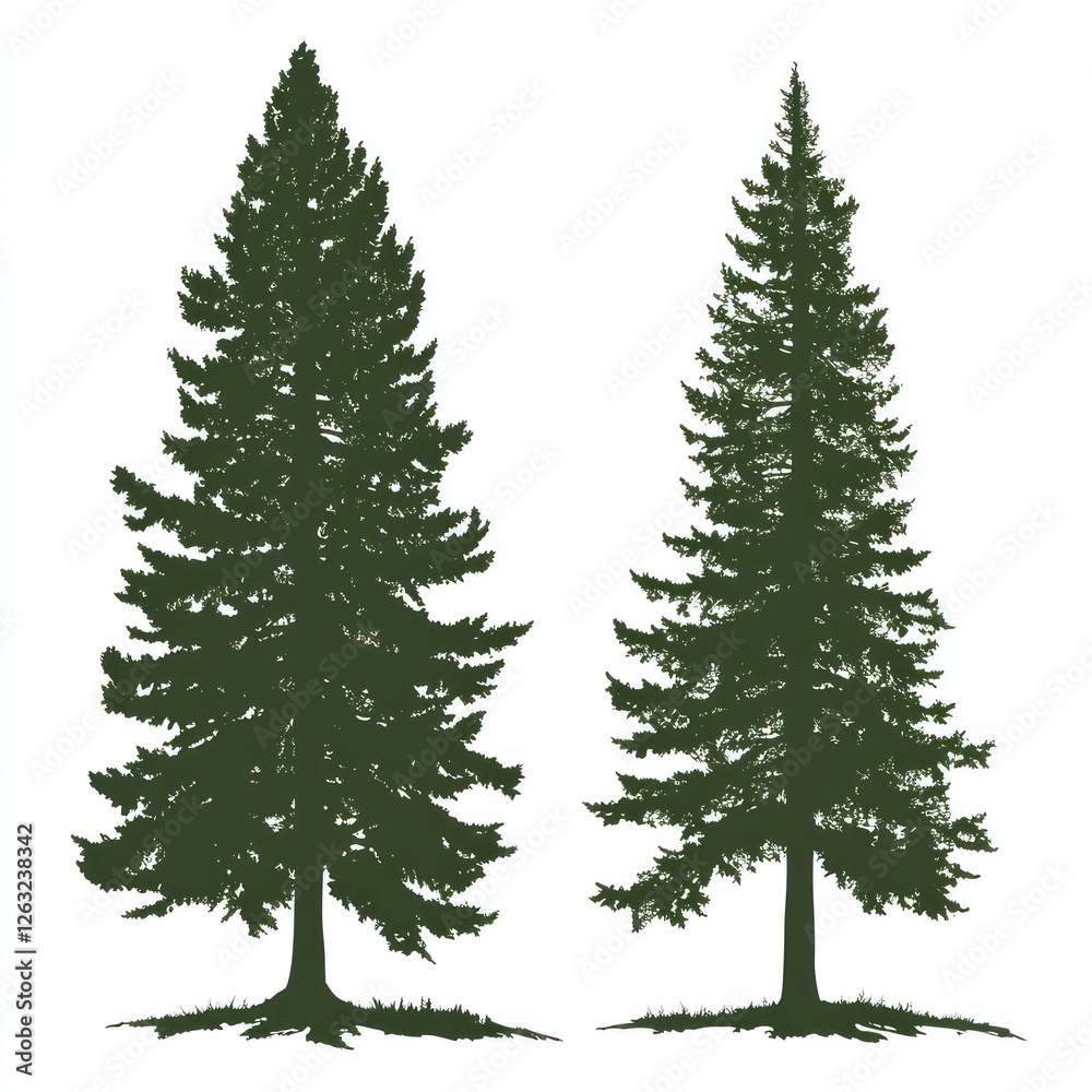 Fototapeta premium Two Evergreen Trees Silhouetted Against White Background