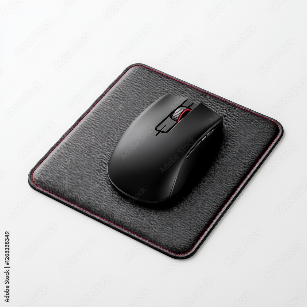 Black Wireless Computer Mouse on a Sleek Mouse Pad with Red Stitching for Modern Workspace Aesthetic Black Wireless Computer Mouse on a Sleek Mouse Pad with Red Stitching for Modern Workspace Aesthetic