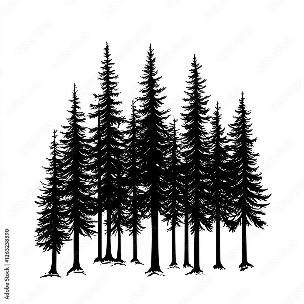Fototapeta premium Silhouetted Evergreen Trees Stand Tall Against White