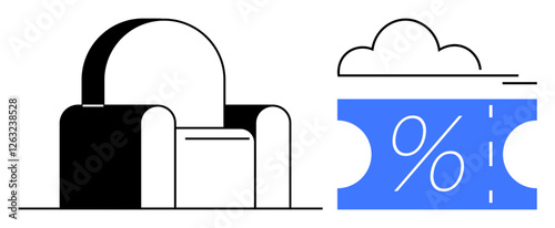 Black and white armchair with a blue discount coupon featuring a white percentage symbol. Ideal for promotions, shopping, discounts, comfort, relaxation, sales, advertising, abstract line flat