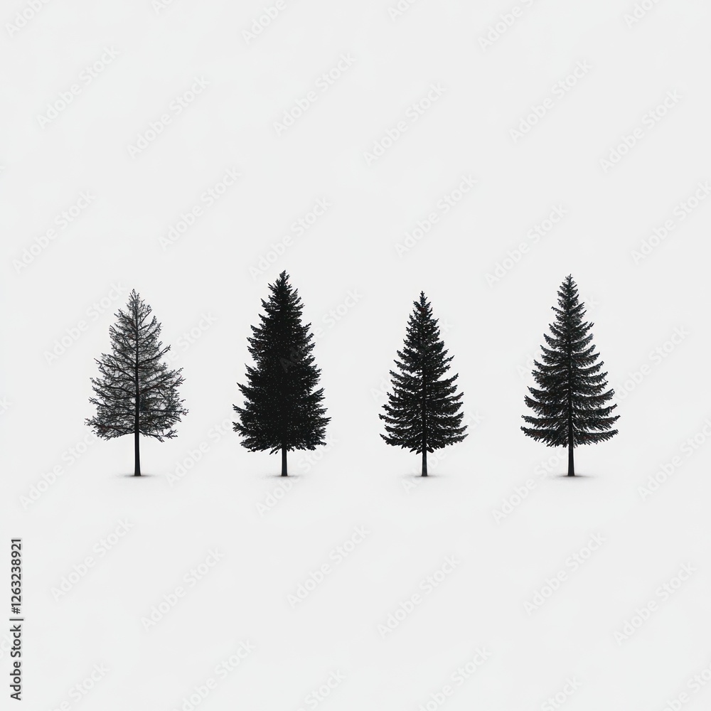 Fototapeta premium Four Evergreen Trees in a Row Against a White Background