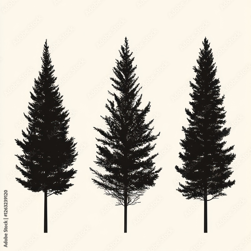Fototapeta premium Three Silhouettes Of Evergreen Trees Against A White Background