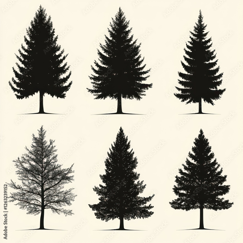 Obraz premium Six Silhouettes of Evergreen Trees Displayed in Rows