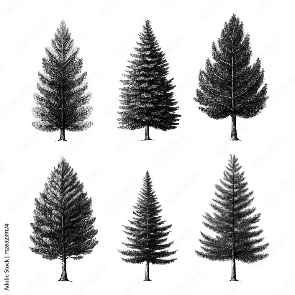 Fototapeta premium Six Detailed Illustrations of Evergreen Trees