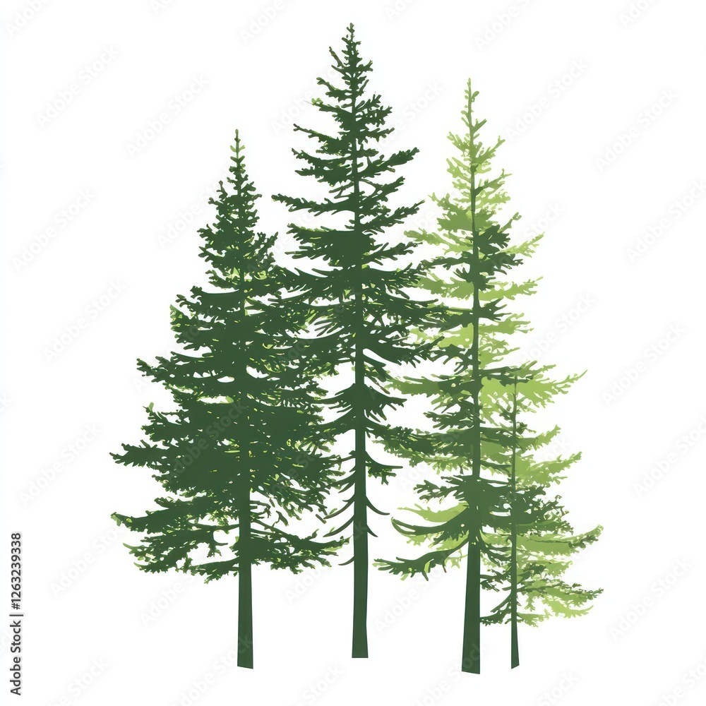 Fototapeta premium Three Tall Evergreen Trees Stand Tall Against White Background