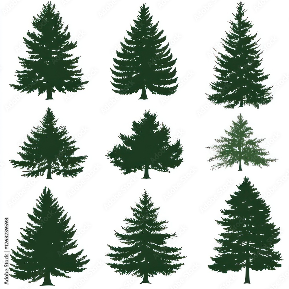 Fototapeta premium Nine Evergreen Tree Silhouettes on White Background