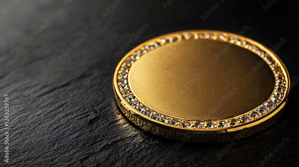 a luxurious golden coin encrusted with diamonds resting on a dark textured surface creating a sense of elegance wealth and prestige
a luxurious golden coin encrusted with diamonds resting on a dark textured surface creating a sense of elegance wealth and prestige