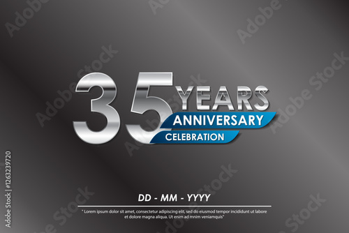 35th years anniversary celebration emblem. elegance silver anniversary logo isolated with blue ribbon. vector illustration template design for web, flyers, poster, greeting card and invitation card