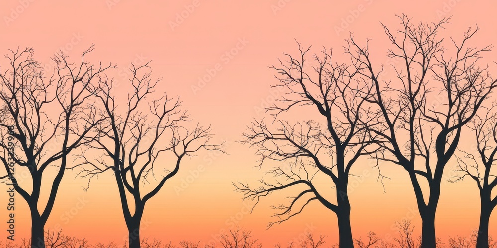 Bare trees stand against a gradient sky at dusk or dawn Bare trees stand against a gradient sky at dusk or dawn
