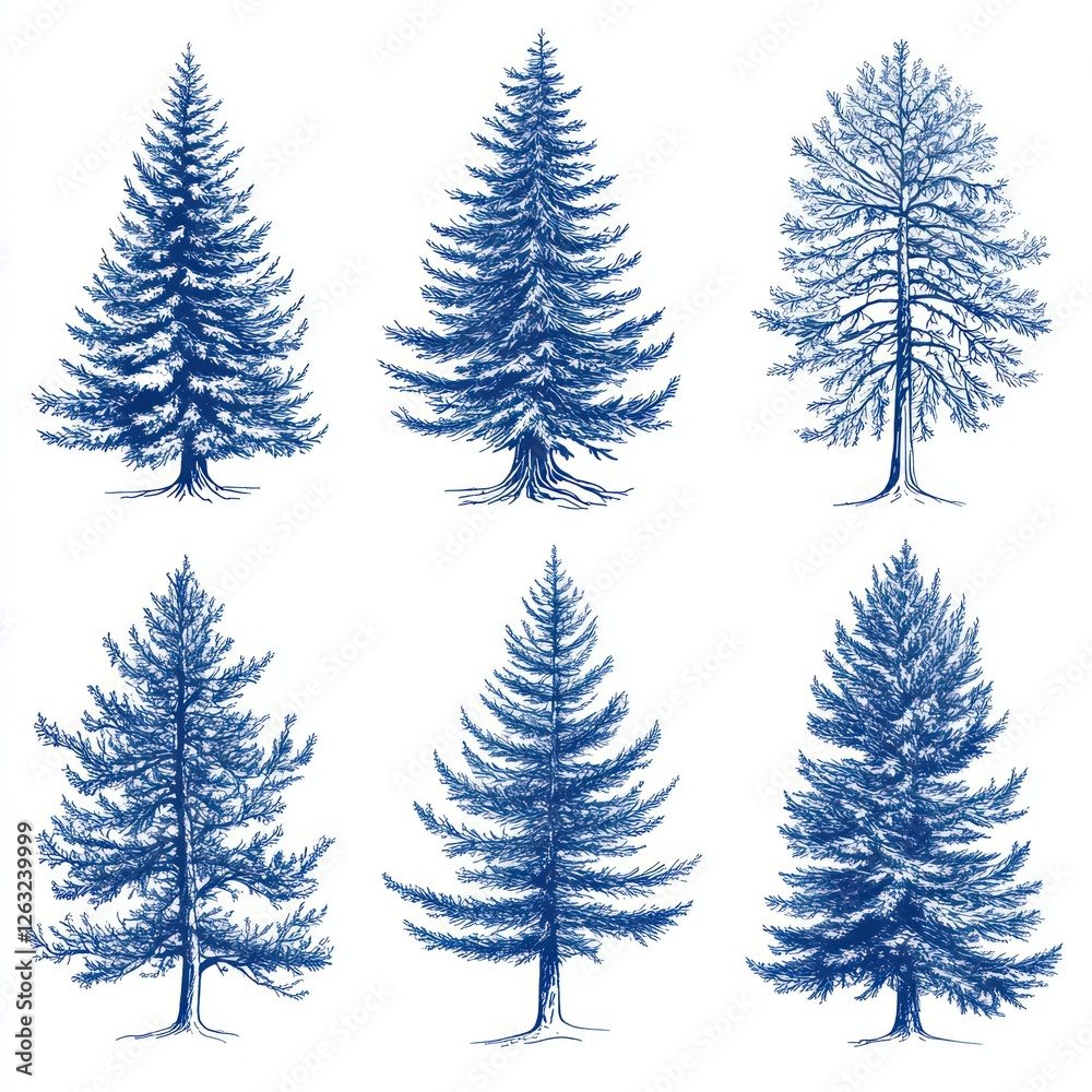Obraz premium Six Blue Ink Drawings Of Various Coniferous Trees